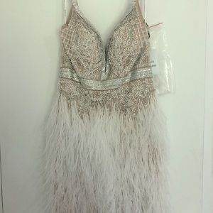 Jovani 64266 Nude Plunging Neck Feather Skirt Cocktail Dress